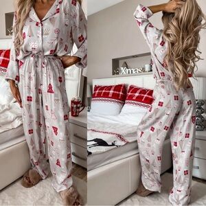 Light Grey Christmas Printed Shirt and Pants Pajama Set